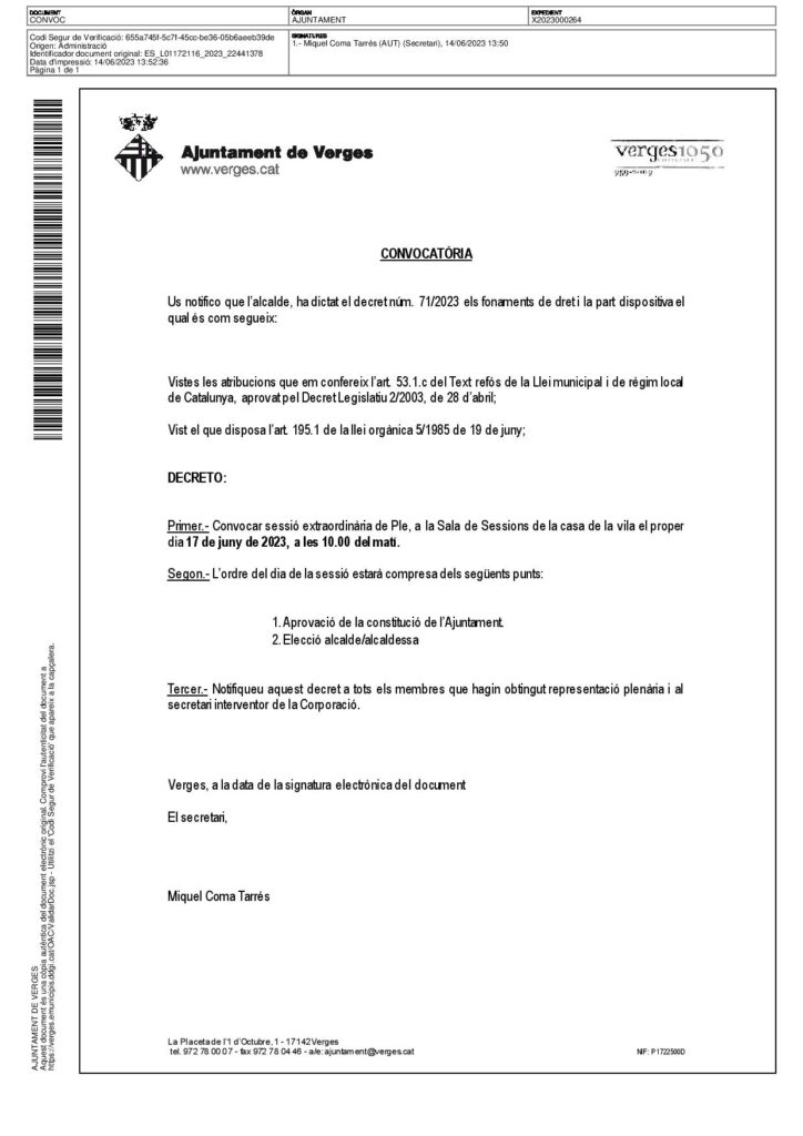 Convocatòria Ple Extraordinari del 17 de juny del 2023 Constitució