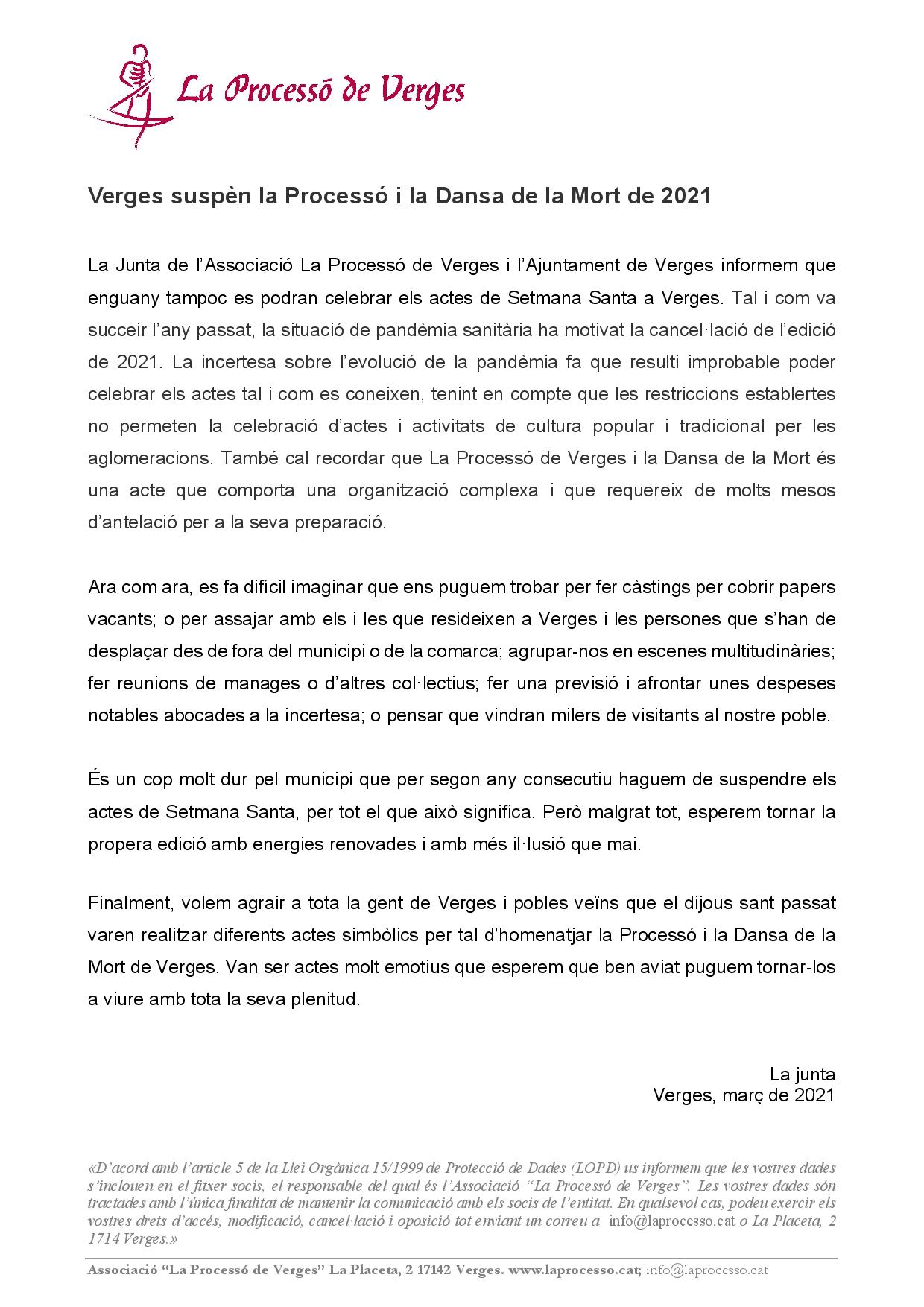 Nota de premsa a on es comunica la suspensió de la Processó d'enguany